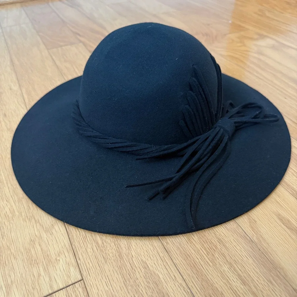 Jessica Simpson OS Black Wool Floppy Wide Brim Hat NWT Boho Felt Bow Fedora